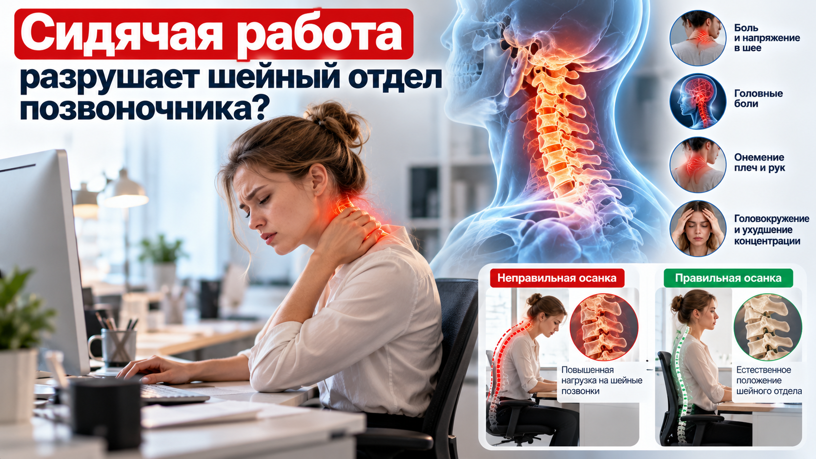 Сидячая работа разрушает шейный отдел позвоночника? 3 распространённых признака шейного остеохондроза, которые нельзя игнорировать